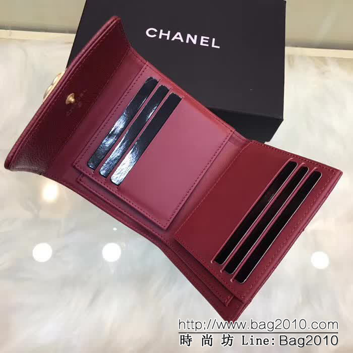 CHANEL香奈兒 新款leboy短三折錢包 荔枝牛皮綾格紋 復古金扣 80734  DJC3159